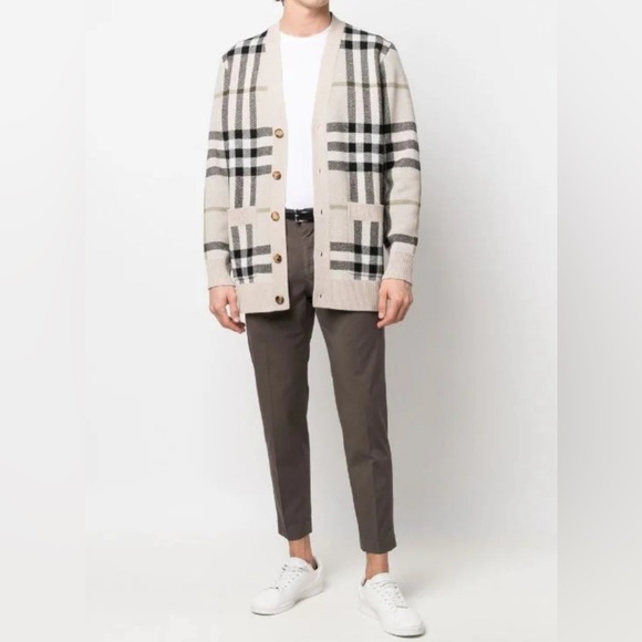 Burberry Signature Check Jacquard Cardigan Wool Cashmere in Beige | size L - Picture 3 of 12